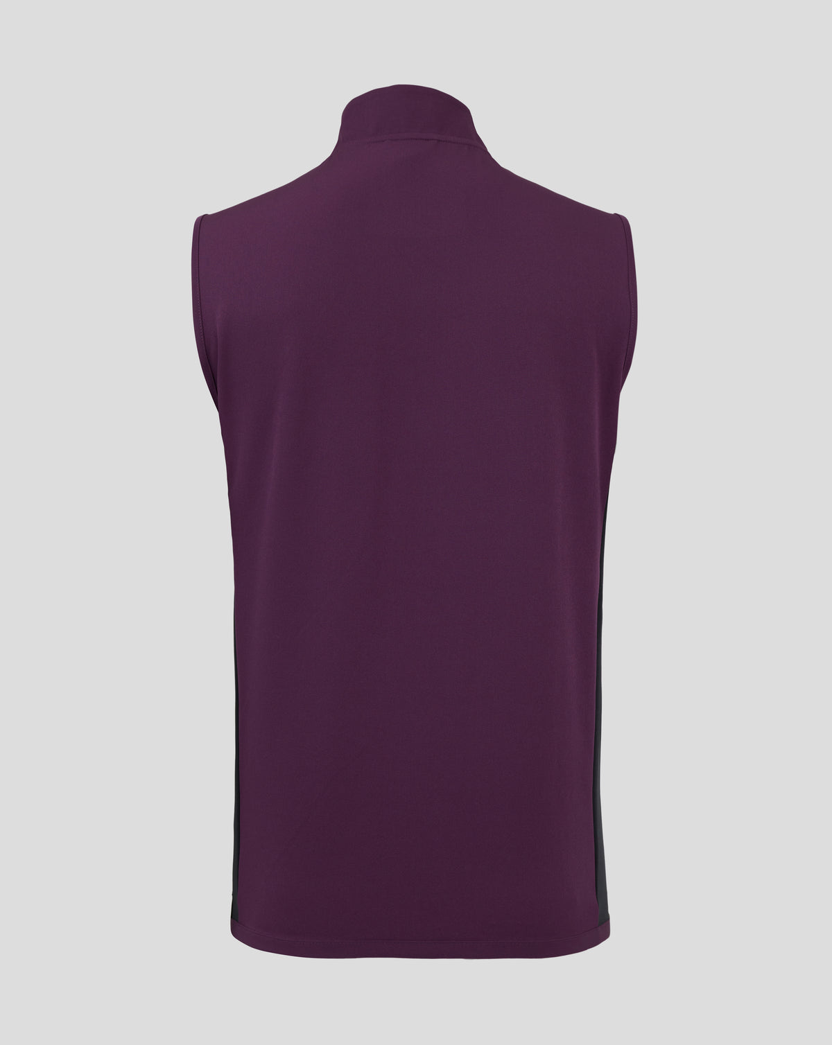 Back view of plum England training gilet with a raised collar and clean shoulder seams