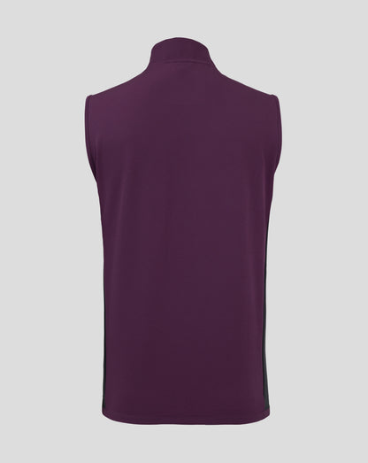 Back view of plum England training gilet with a raised collar and clean shoulder seams