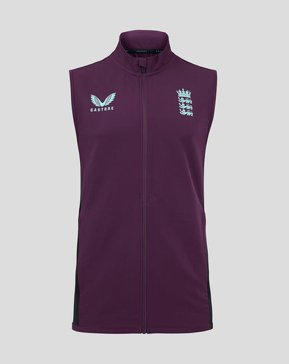 Front view of a deep purple England Cricket training gilet with center zip, tall collar, left chest crest and Castore logo.