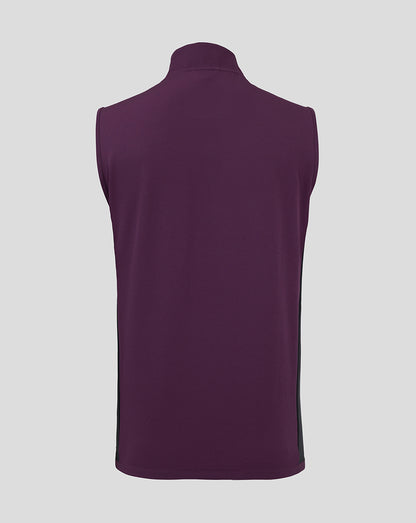 Back view of a deep purple England Cricket training gilet showing smooth back and tall collar.