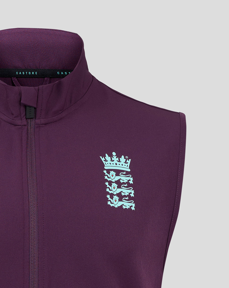 Purple England cricket training gilet close up showing a light blue chest crest and center front zipper
