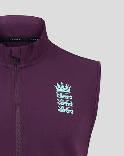 Purple England cricket training gilet close up showing a light blue chest crest and center front zipper