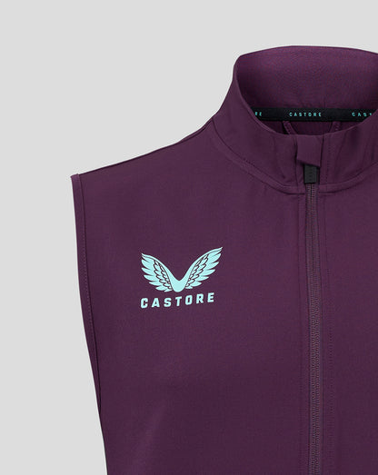 Close up of the purple gilet chest area with England crest on the left and Castore branding near the collar.