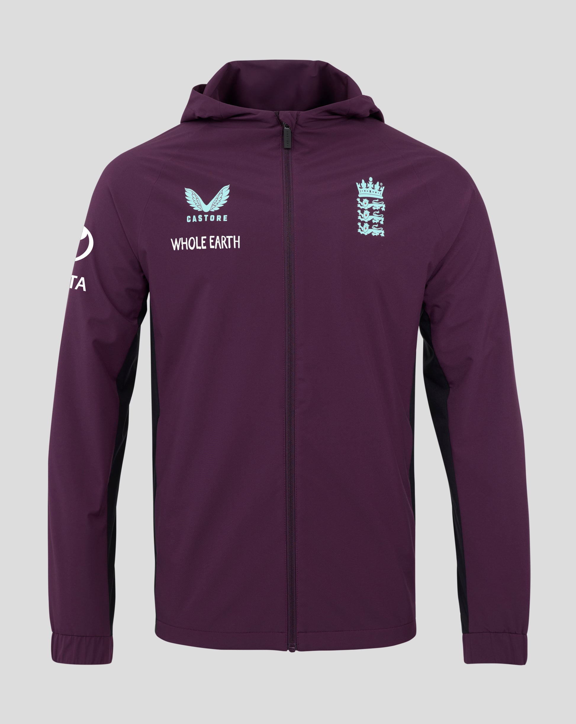 Front view of England Cricket Men's 25/26 Pro Training Rain Jacket in purple with team crest on chest and sponsor logos