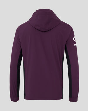 Back view of the purple England Cricket training rain jacket with hood