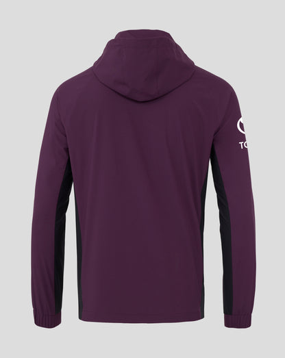 Back view of the purple England Cricket training rain jacket with hood