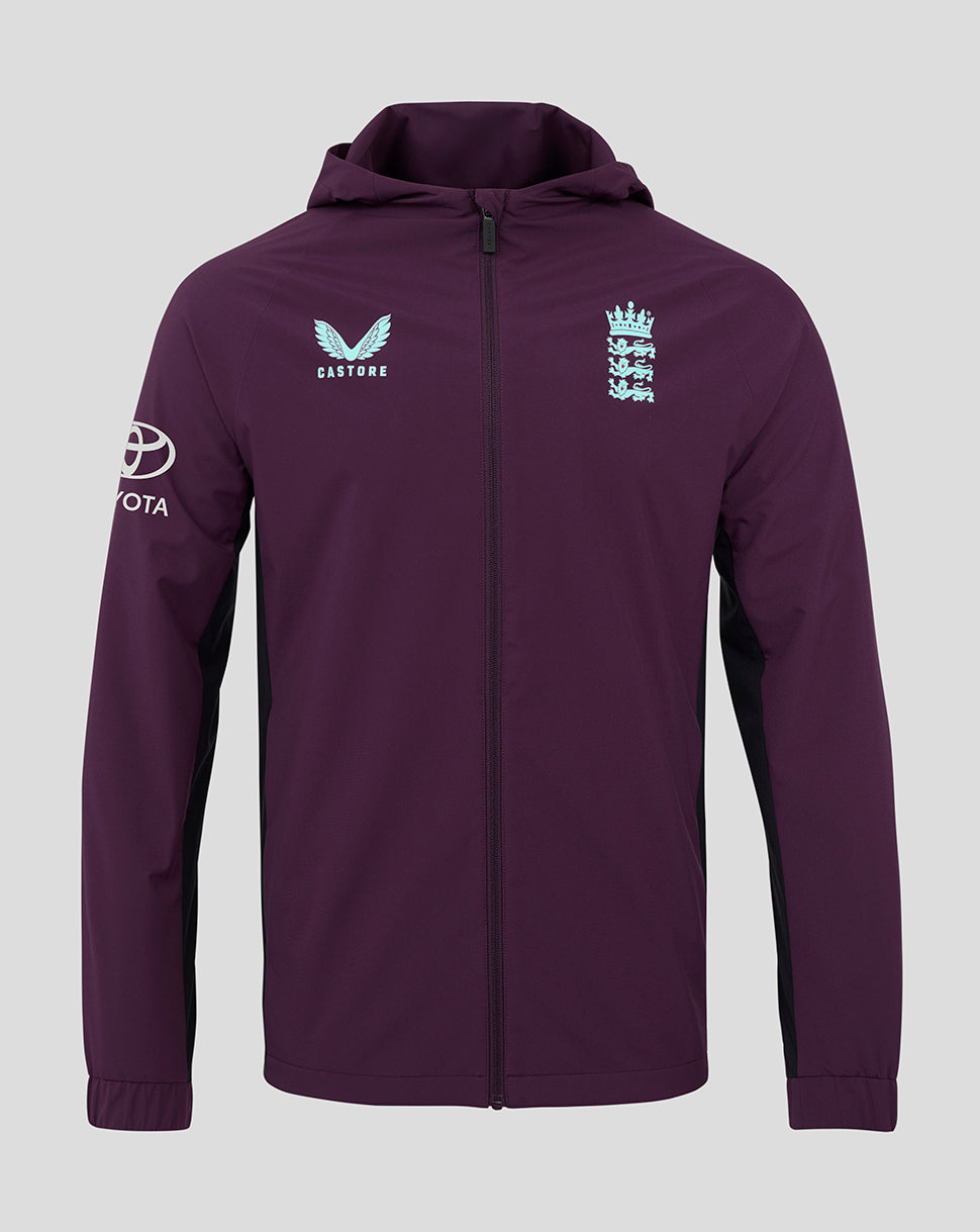 Front view of purple England training rain jacket with hood light blue chest crest and Castore branding
