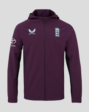 Front view of purple England training rain jacket with hood light blue chest crest and Castore branding