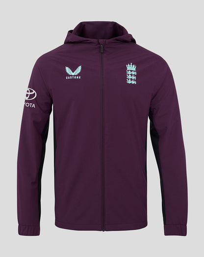 Front view of purple England training rain jacket with hood light blue chest crest and Castore branding