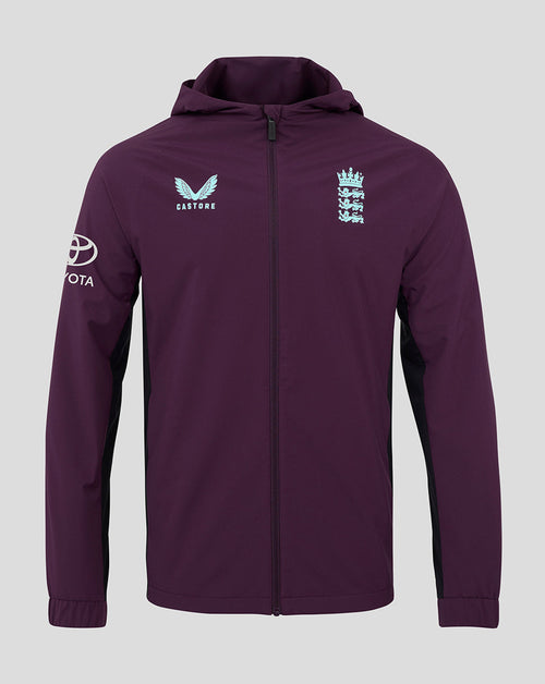 Front view of purple England training rain jacket with hood light blue chest crest and Castore branding