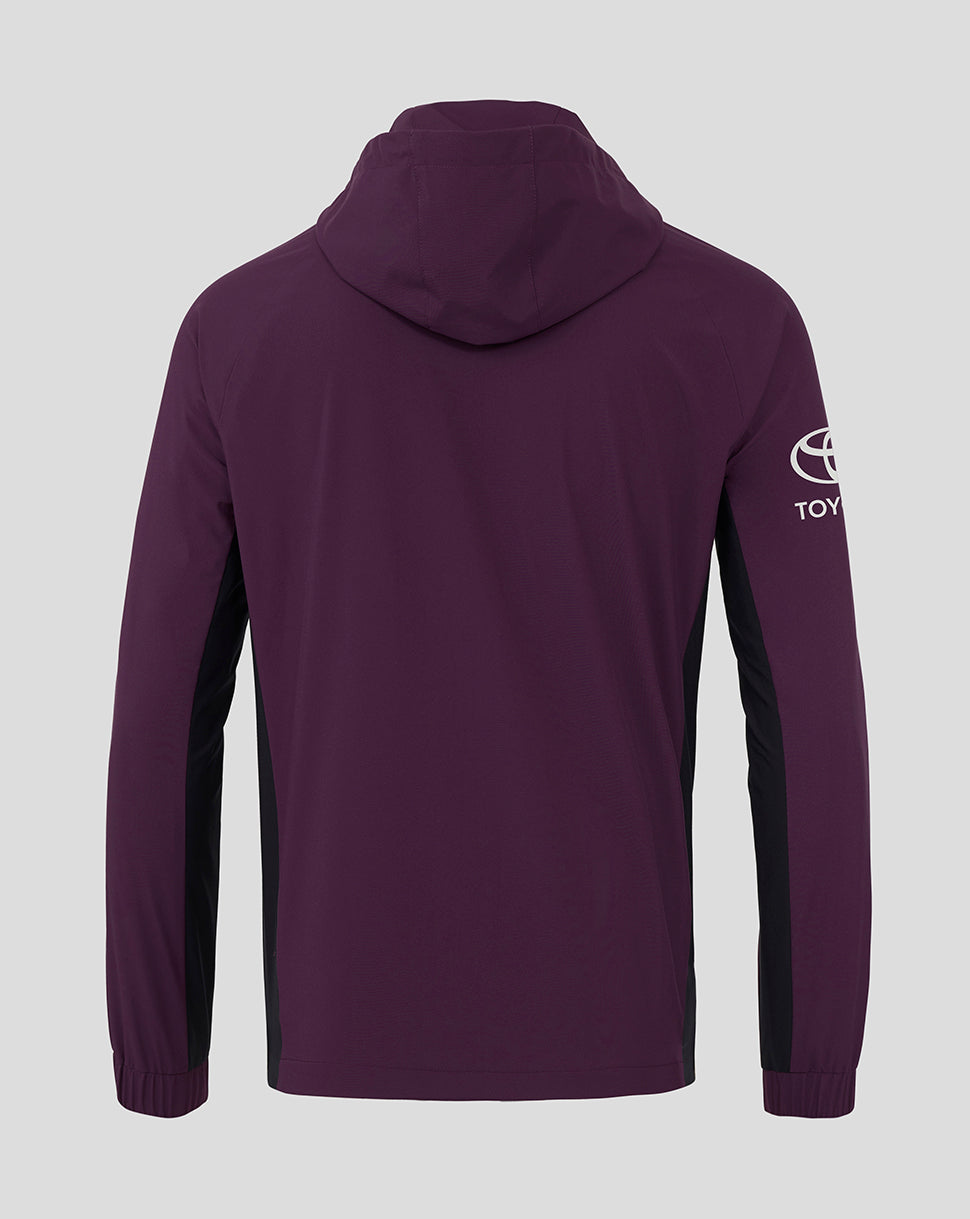 Back view of purple England training rain jacket with hood black side panels and Toyota sleeve logo