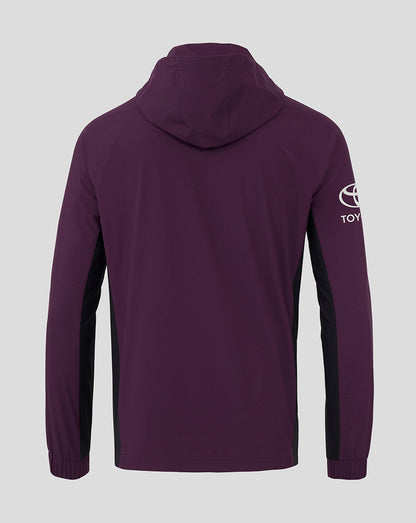 Back view of purple England training rain jacket with hood black side panels and Toyota sleeve logo