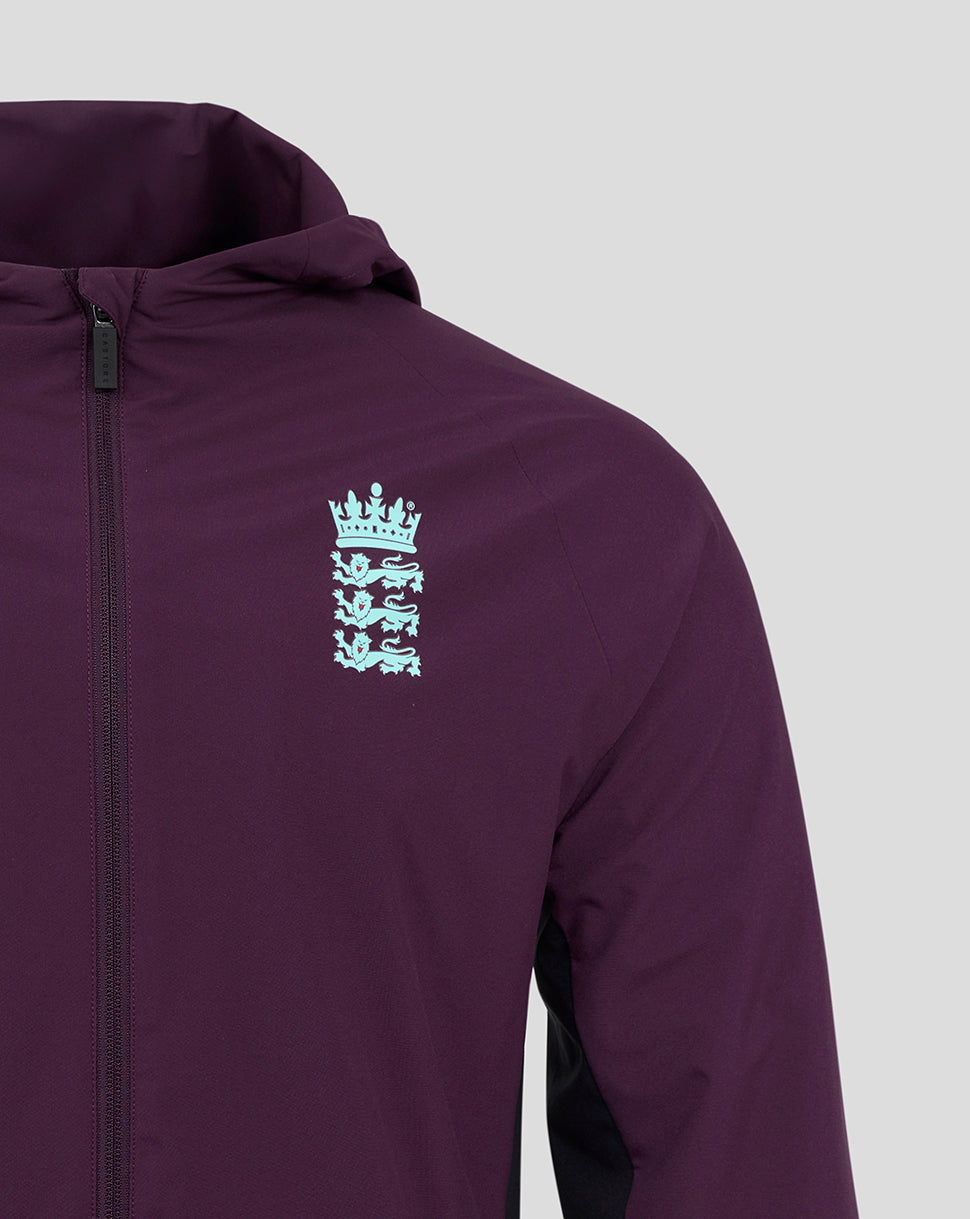 Front view of purple England Cricket Training Rain Jacket with crest on the chest and Castore logo on the opposite side
