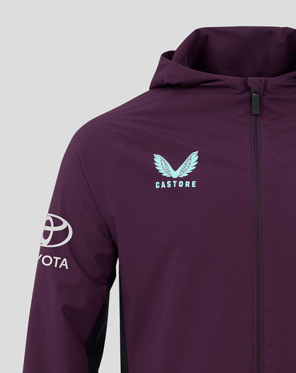 Purple England cricket training rain jacket close up with light blue Castore logo on the chest and Toyota on the sleeve