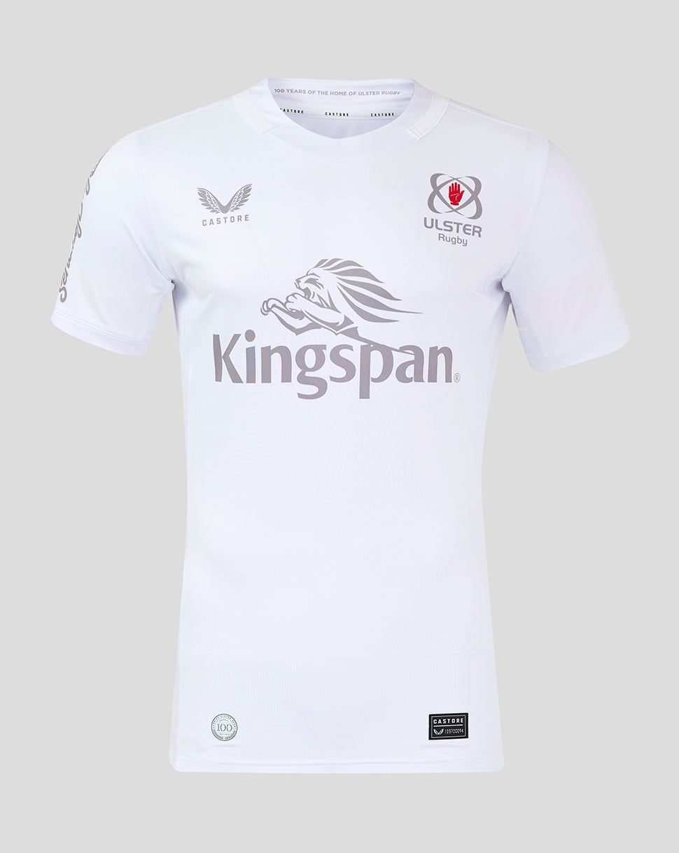 Front view of white Ulster Rugby shirt with Kingspan sponsor and team logos.