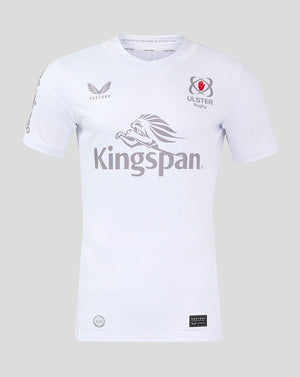 Front view of white Ulster Rugby shirt with Kingspan sponsor and team logos.