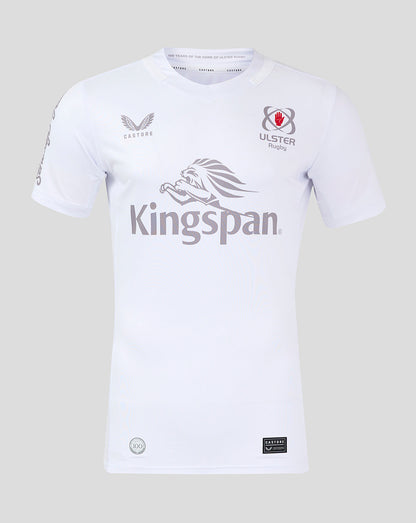 Front view of white Ulster Rugby shirt with Kingspan sponsor and team logos.