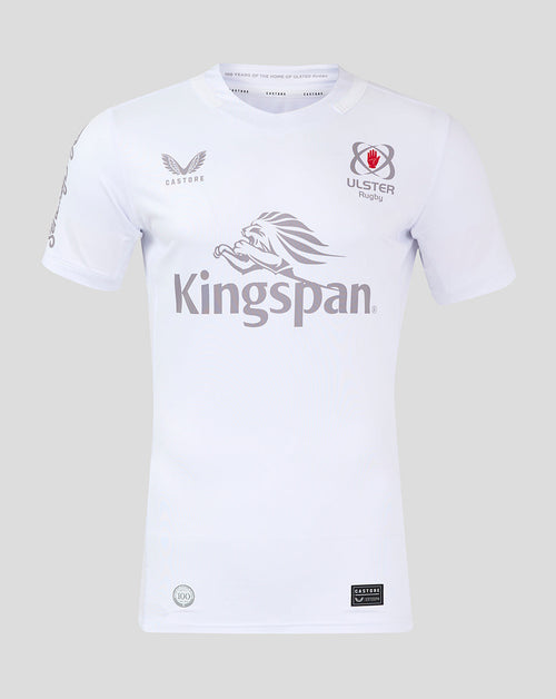 Front view of white Ulster Rugby shirt with Kingspan sponsor and team logos.