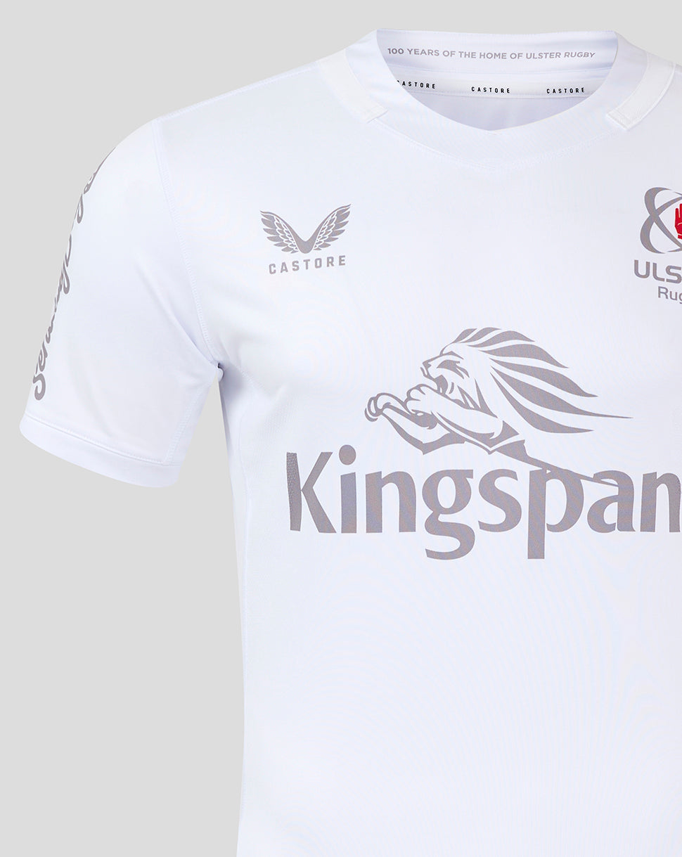 White Ulster Rugby home shirt with Kingspan sponsor across the chest and team crest