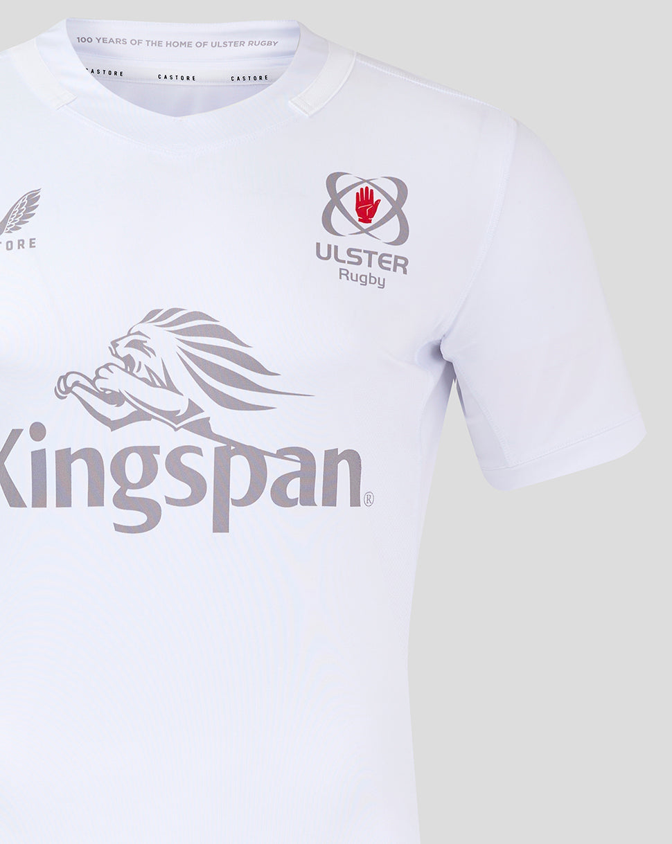 White Ulster Rugby home shirt close up showing crest on chest and large Kingspan logo graphic