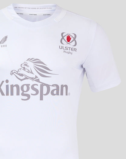 White Ulster Rugby home shirt close up showing crest on chest and large Kingspan logo graphic