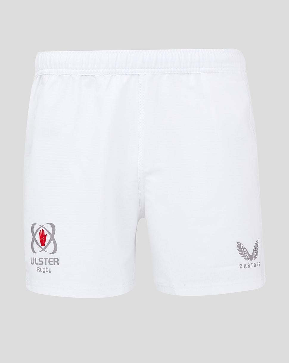 Front view of white shorts showing Ulster Rugby logo on the left leg and Castore branding on the right