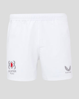 Front view of white shorts showing Ulster Rugby logo on the left leg and Castore branding on the right