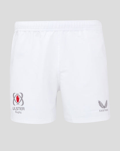 Front view of white shorts showing Ulster Rugby logo on the left leg and Castore branding on the right