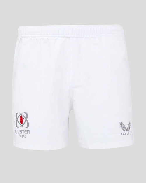 Front view of white shorts showing Ulster Rugby logo on the left leg and Castore branding on the right