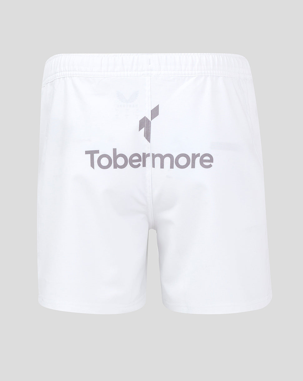 Back view of white Ulster Home Pro Shorts with Tobermore logo.