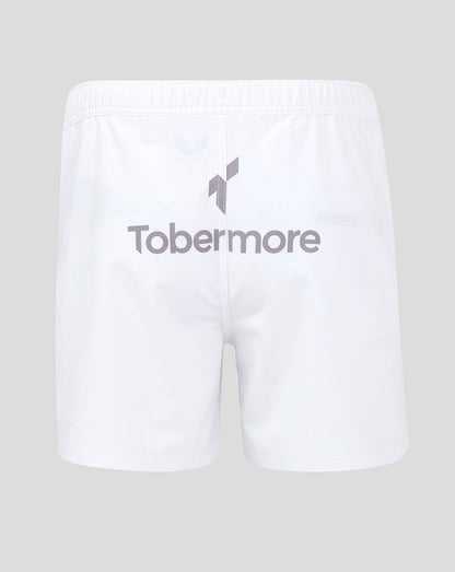 Back view of white Ulster Home Pro Shorts with Tobermore logo.