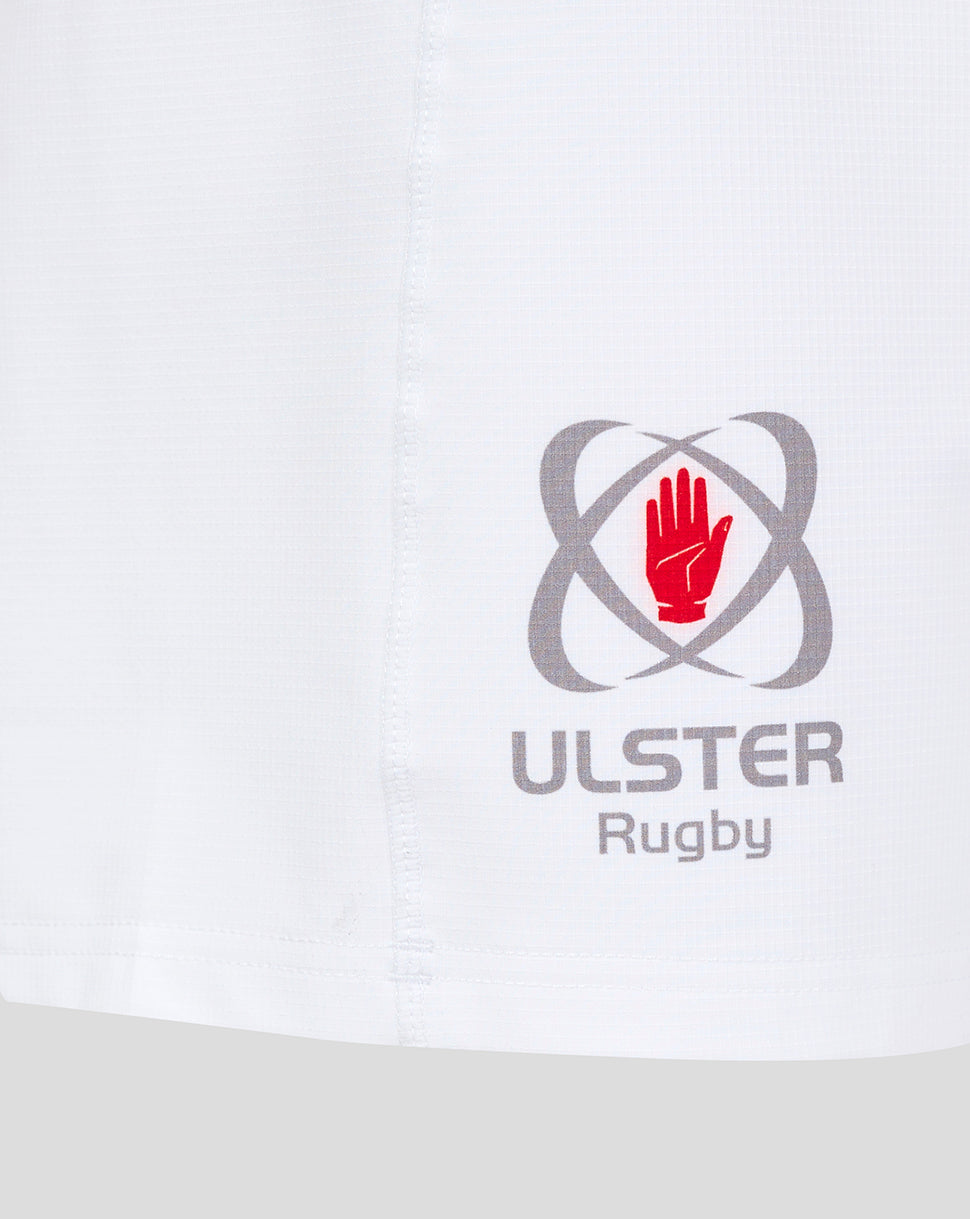 Ulster Rugby logo with red hand on white fabric.
