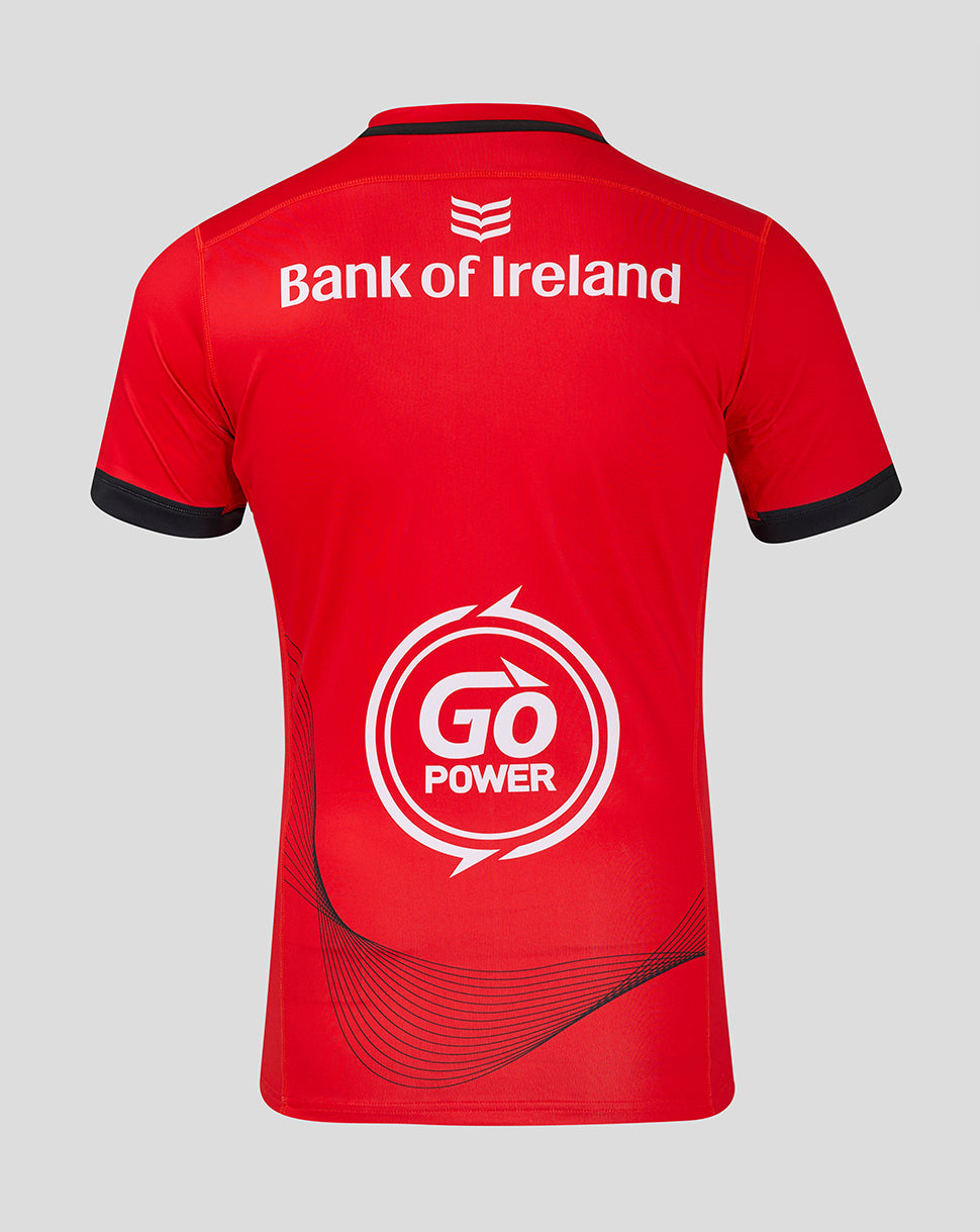 Back view of red away rugby shirt showing Bank of Ireland on upper back and Go Power graphic on lower back