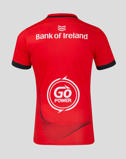 Back view of red away rugby shirt showing Bank of Ireland on upper back and Go Power graphic on lower back