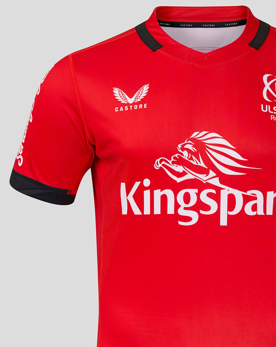 Close up of red away pro shirt chest with large Kingspan logo and Ulster Rugby crest