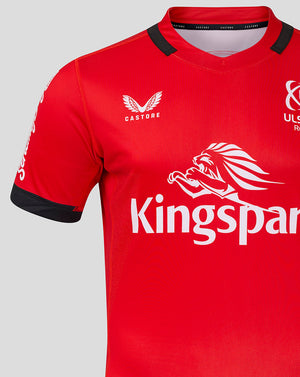 Close up of red away pro shirt chest with large Kingspan logo and Ulster Rugby crest