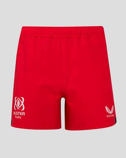 Rear view of red rugby shorts with Ulster Rugby logo on the left leg and Castore branding on the right leg
