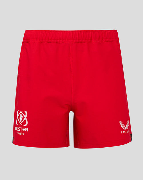 Rear view of red rugby shorts with Ulster Rugby logo on the left leg and Castore branding on the right leg