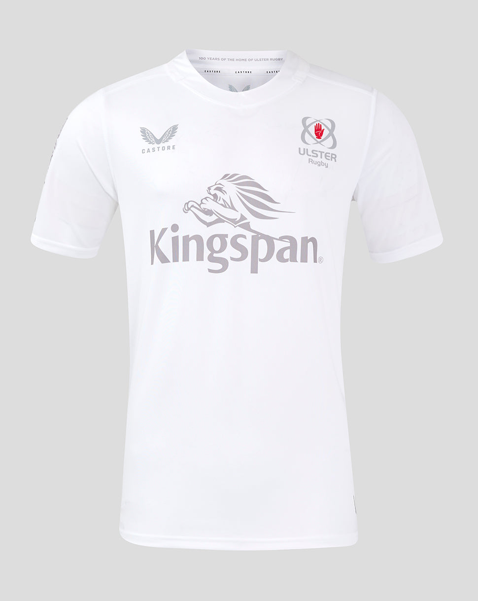 Front view of white ULSter 24/25 Home Shirt with Kingspan sponsor logo and team crests