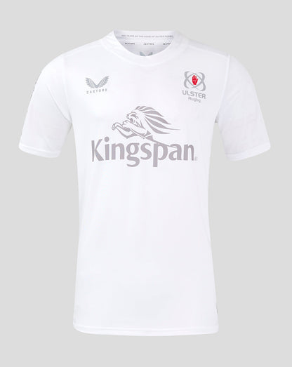Front view of white ULSter 24/25 Home Shirt with Kingspan sponsor logo and team crests