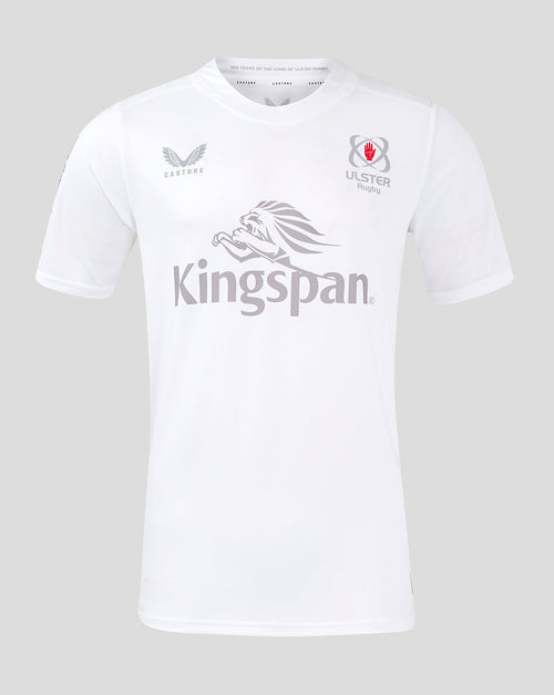 Front view of white ULSter 24/25 Home Shirt with Kingspan sponsor logo and team crests