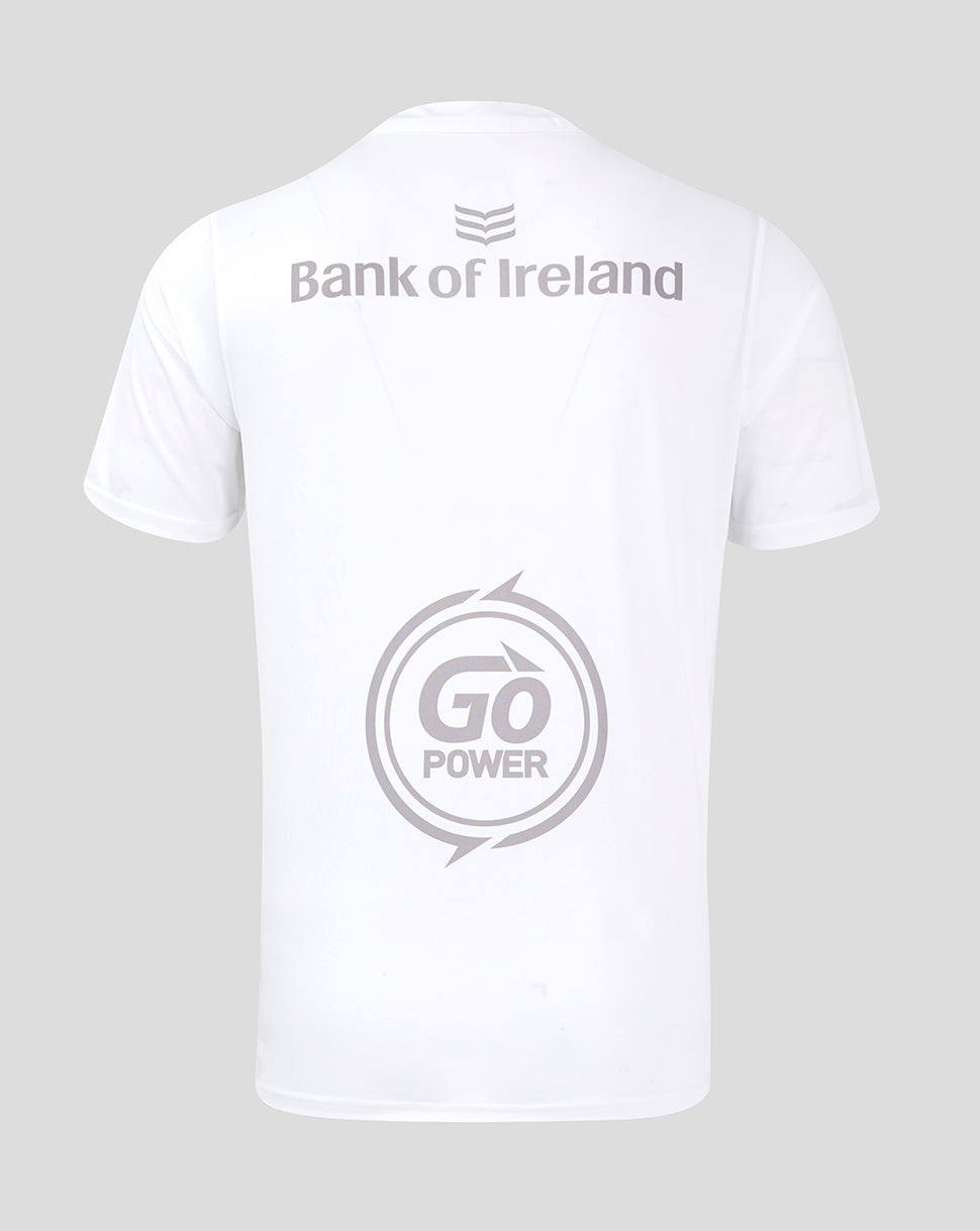 Back view of white Ulster home shirt with Bank of Ireland logo across the upper back and Go Power emblem on the lower back