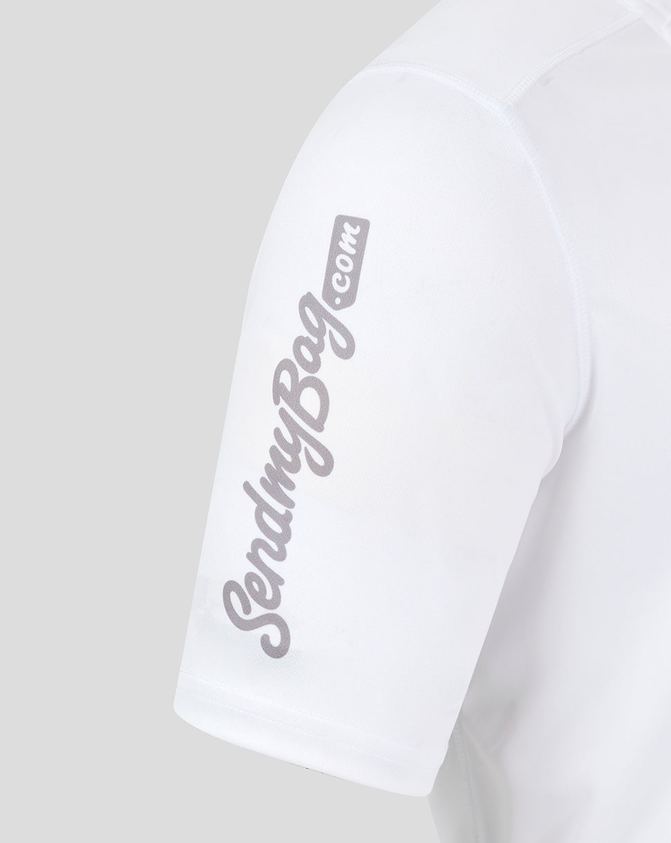 Close up of the white sleeve featuring a vertical script logo along the arm