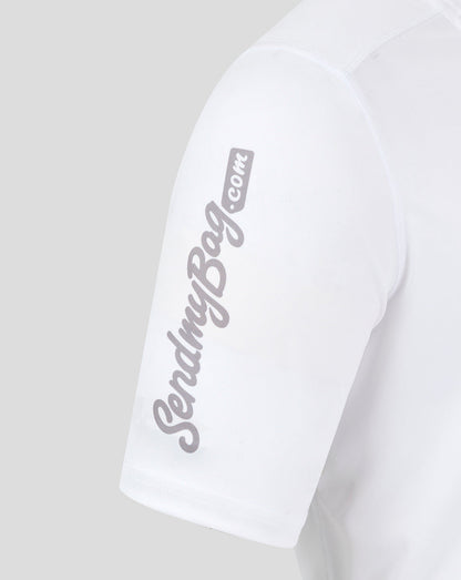 Close up of the white sleeve featuring a vertical script logo along the arm