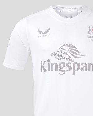 Close-up of white ULSter home shirt chest showing Kingspan logo and lion graphic