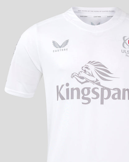 Close-up of white ULSter home shirt chest showing Kingspan logo and lion graphic