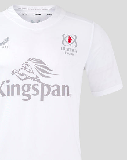 Front view of white Ulster rugby home shirt with Kingspan sponsor across the chest and Ulster crest on the left