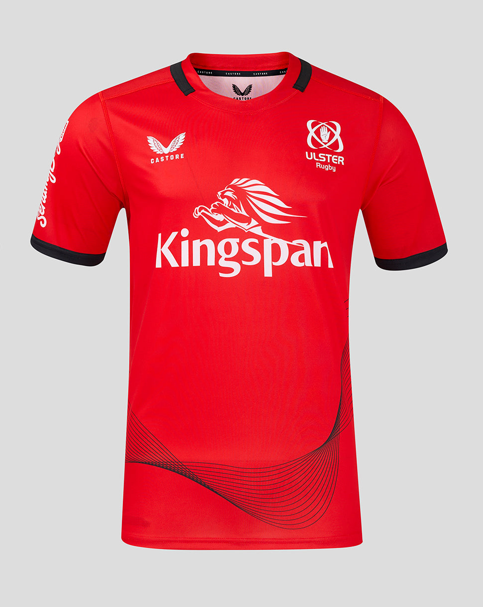 Front view of red Ulster Men's 24/25 Away Shirt featuring Kingspan across the chest with white Ulster Rugby logos and black sleeve trim.