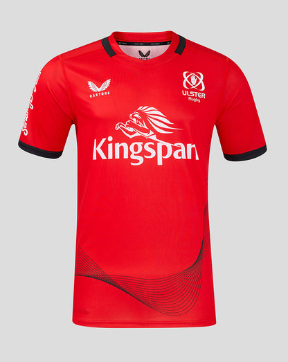 Front view of red Ulster Men's 24/25 Away Shirt featuring Kingspan across the chest with white Ulster Rugby logos and black sleeve trim.