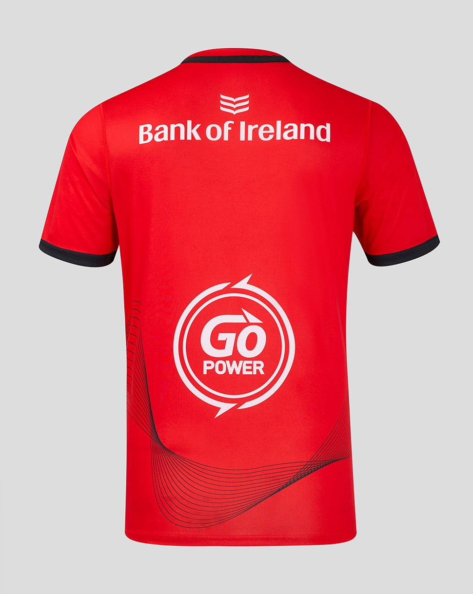 Back view of red Ulster Men's 24/25 Away Shirt showing Bank of Ireland on the upper back and Go Power graphic toward the lower back.